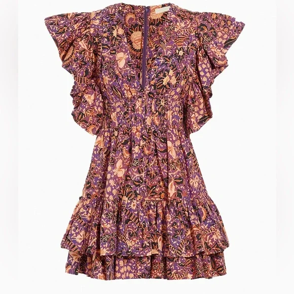 fitted lace wedding dress Ryla Silk Mini Dress - Violet Floral Print Flutter Sleeve Dress main image 1